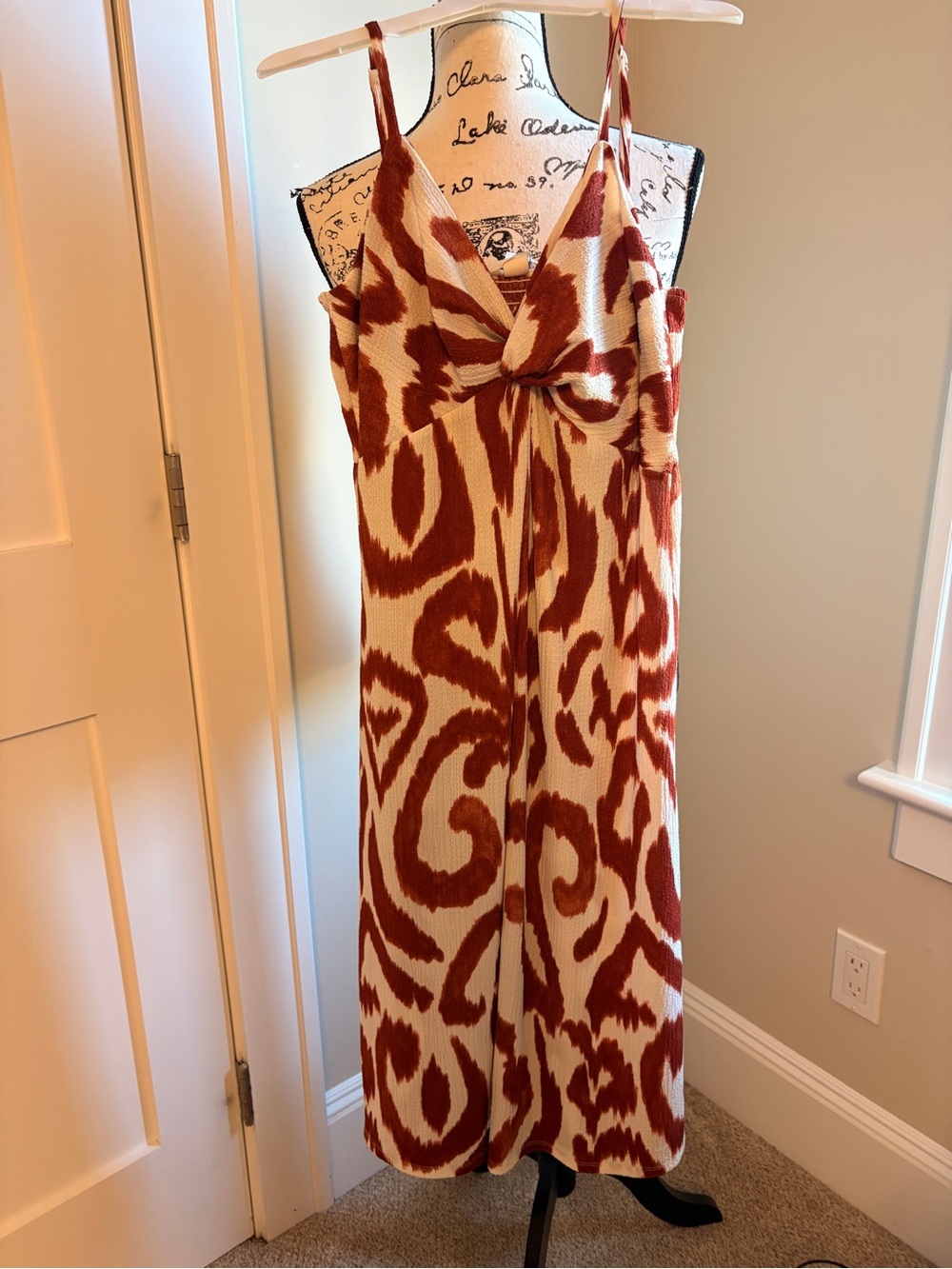 H&M Rust and Cream Midi Dress with Knot Front